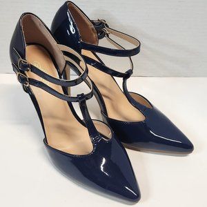 Navy Blue Heels City Slick Pointed Toe T-Strap size 10